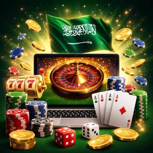 كازينو أونلاين مع عجلة روليت ورقائق لعب وعلم السعودية