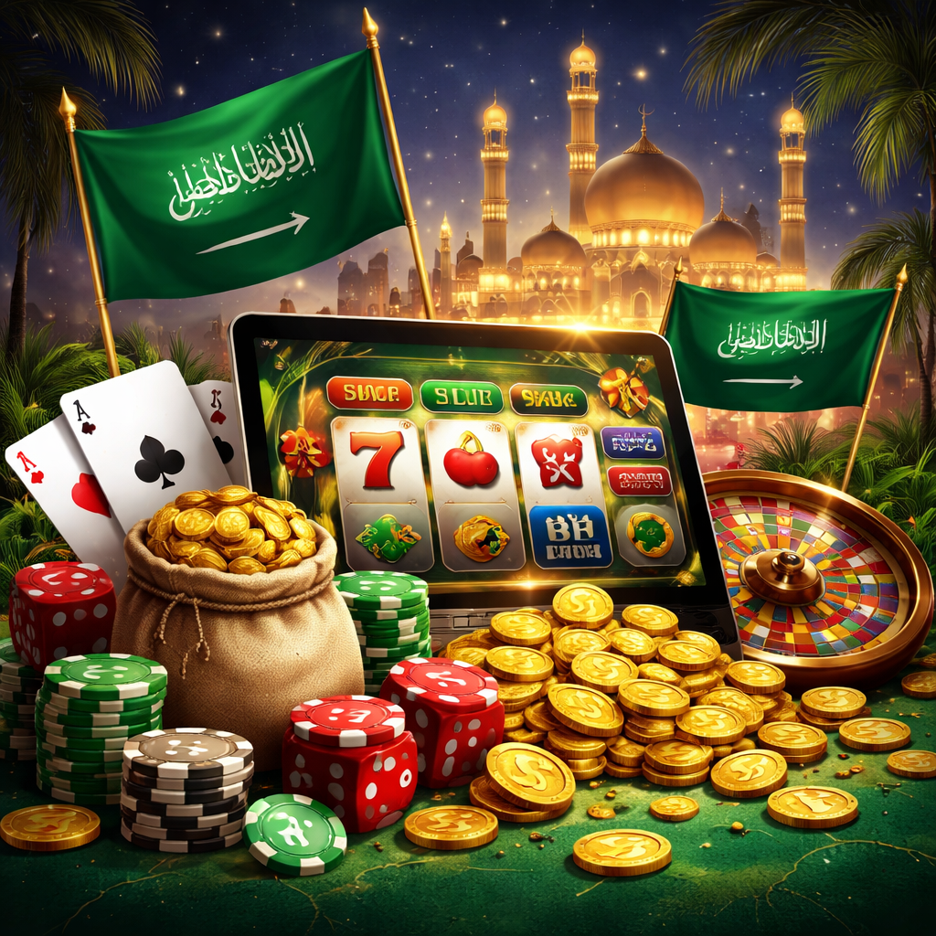 مشهد رقمي فاخر يعرض جهازًا لوحيًا يظهر لعبة سلوت، تحيط به عملات ذهبية ونرد وأوراق لعب وعجلة روليت، مع أعلام خضراء وخلفية معمارية عربية مضيئة ليلًا.