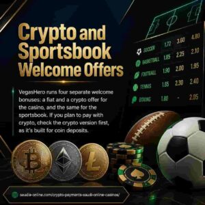 romotional graphic explaining VegasHero’s separate fiat and crypto welcome offers for casino and sportsbook users, featuring cryptocurrency coins, betting odds, casino chips, and a football.
