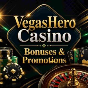 Promotional casino graphic featuring the VegasHero title, casino chips, playing cards, and a roulette wheel in a black, gold, and green color scheme.