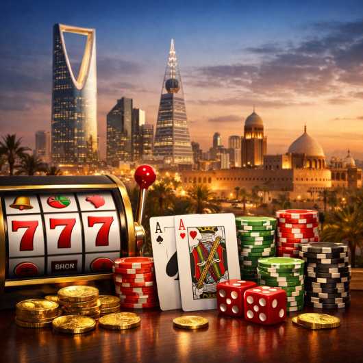 A realistic scene showing a casino setup with a red slot machine displaying "777", stacks of poker chips in various colors, gold coins, red dice, and playing cards.