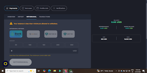 YYY withdrawals via bank transfer, MuchBetter, and USDT. The $800 minimum withdrawal is also high.