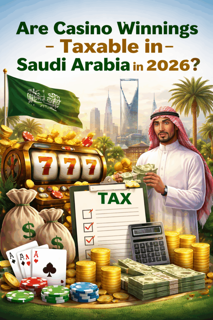 A Saudi man holds cash next to a jackpot slot machine, with tax documents, money bags, and a city skyline in the background.
