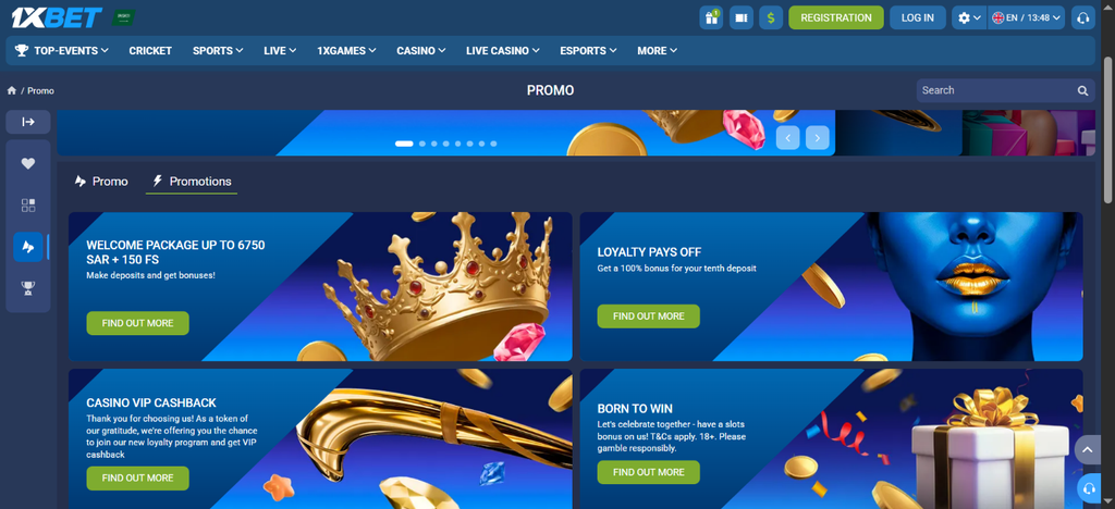 Screenshot of the 1xBet promo section featuring promotional offer cards like Welcome Package and VIP Cashback.
