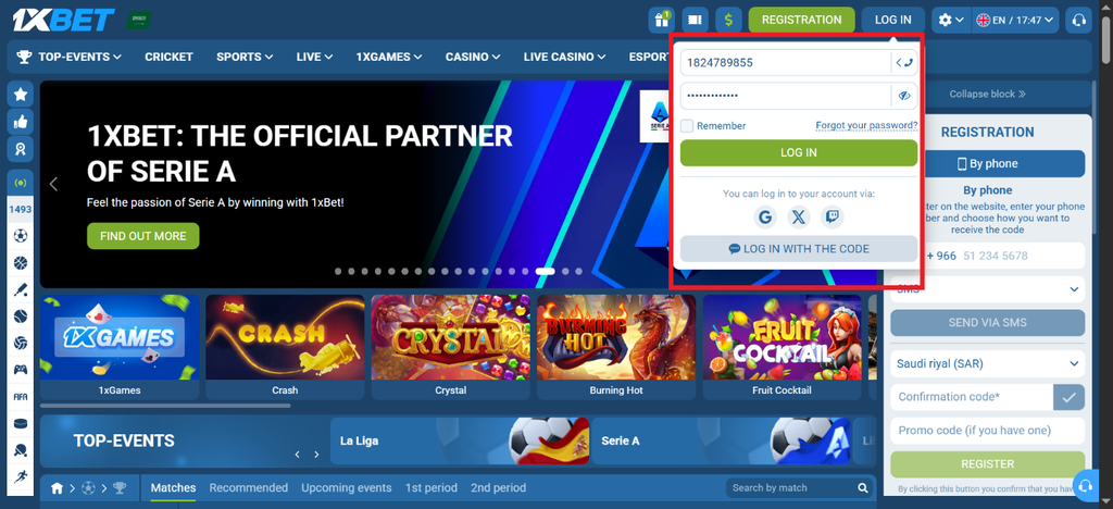 Screenshot of the 1xBet website highlighting a log-in pop-up box open over the main homepage.