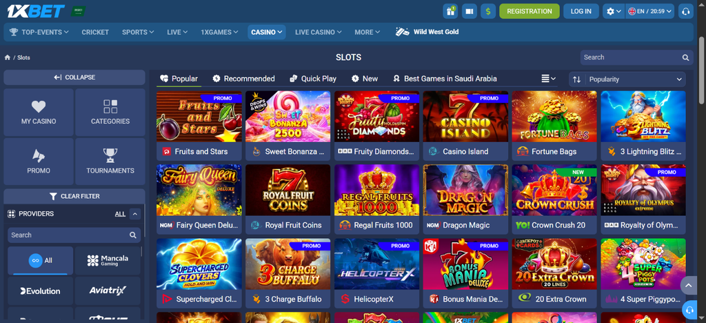 Screenshot of the 1xBet Casino slots page displaying a grid of online slot games and side navigation filters.