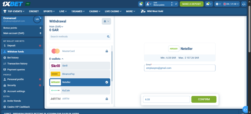 Screenshot of the 1xBet withdrawal page showing account management options and Neteller selected as the payout method.