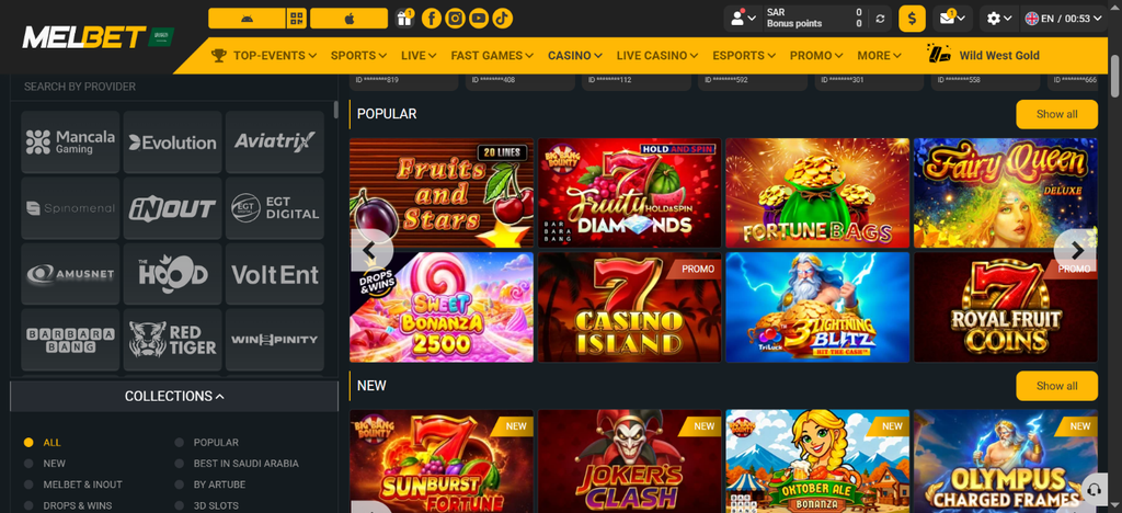 MelBet games for Saudi players, such as Royal Fruit Coins, and Casino Island.