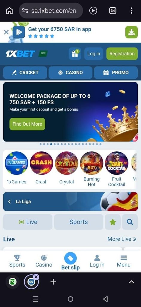 Mobile browser screenshot of the 1xBet website homepage showing app download banners, welcome promos, featured games, and live sports sections.