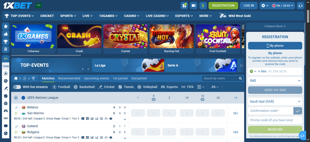 Screenshot of the 1xBet online betting website user interface showing live sports match scores and a registration pop-up window.