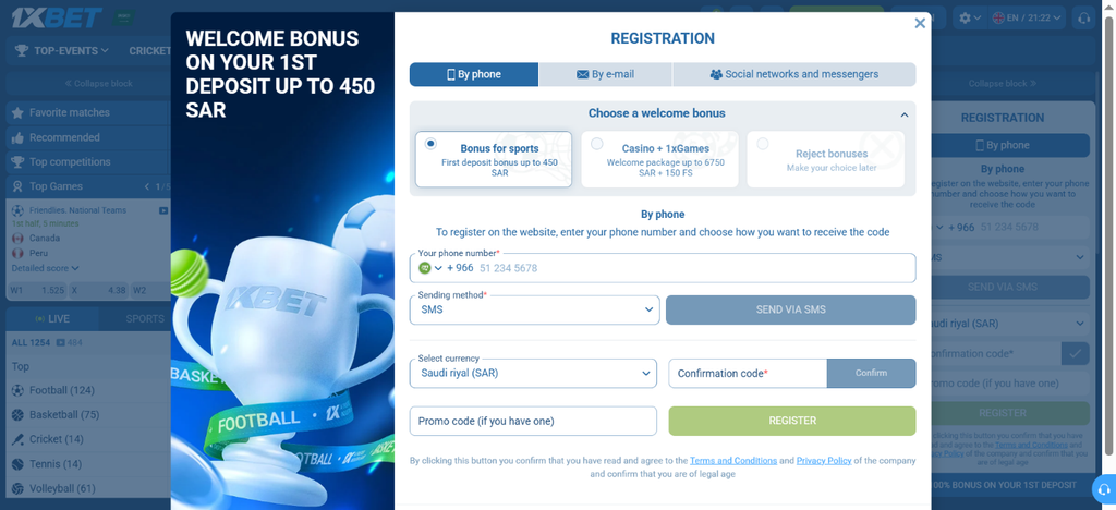 Screenshot of a registration pop-up window on the 1xBet website offering a first deposit welcome bonus.
