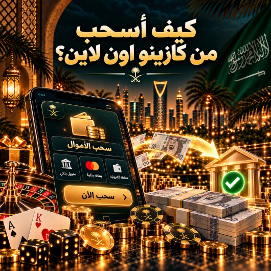 كيف أسحب من كازينو اون لاين؟ مع خلفية للمملكة العربية السعودية مضاءة ليلًا